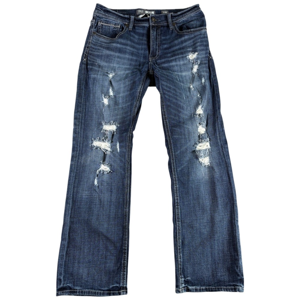 BKE Jake Jeans Mens 34R Blue Distressed Bootcut Grunge Denim Western Cowboy